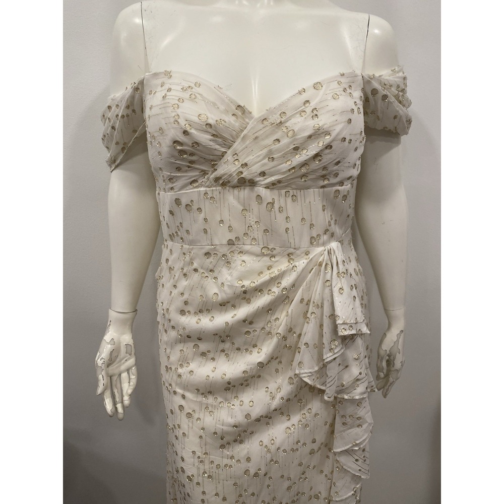 ML Monique Lhuillier Off The Shoulder Metallic Chiffon Gown Sz 12 MSRP $695 NWT